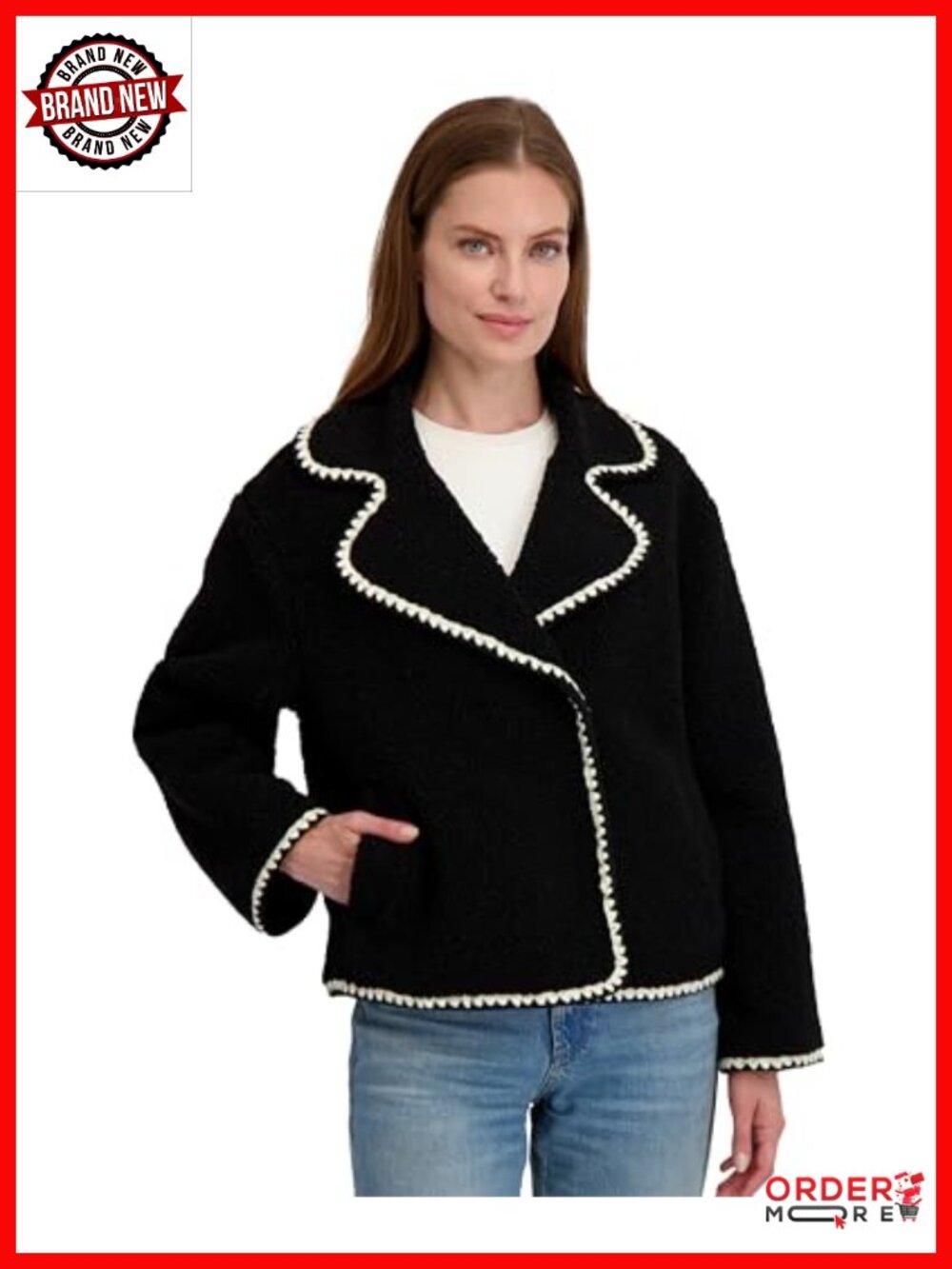 Faux Sherpa Jacket Curved Lapel Contrast Blanket Stitch Hidden Snap Women